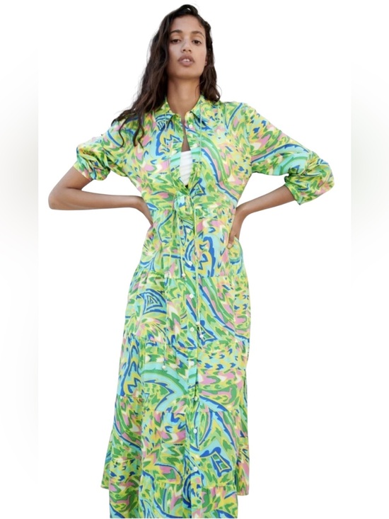 Zara Dresses & Skirts - ZARA 100% cotton AOP Colorful Button Up Midi Dress size medium
